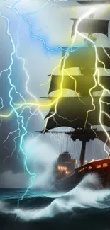 Majestic ship sailing through electric storm with vivid lightning.