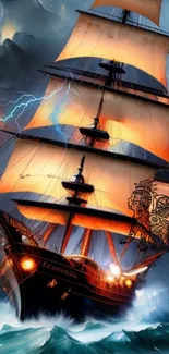 Ship battling a storm with lightning in a vibrant nautical scene.