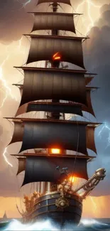 Majestic ship sailing through stormy seas with lightning in the background.