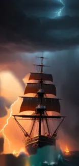 Majestic ship sailing through a storm under dark clouds with lightning.