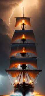 Tall ship sails through storm with lightning in a dramatic sky.