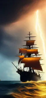 Ship sailing in a storm with dramatic lightning in the background.