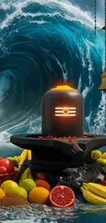 Shiva Lingam with ocean wave background, surrounded by fruits.