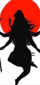 Silhouette of Shiva against a striking red sun background.