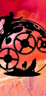 Silhouette with gears and wolves on a fiery orange background.