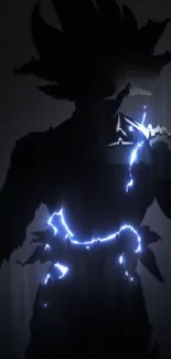 Silhouette with electric blue lightning and dark backdrop.