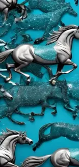 Dynamic silver horses on turquoise background wallpaper.