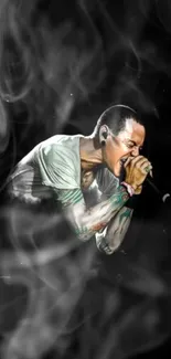 Illustration of a singer passionately performing with tattoos on a black background.