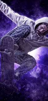 Skateboarder in dynamic purple nebula wallpaper.