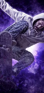 Skateboarder in action with cosmic purple background.