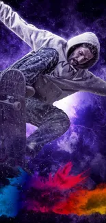 A skateboarder in action against a cosmic purple background.