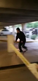 Skateboarder gliding under parking barrier in urban setting.