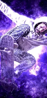 Skateboarder against purple energy backdrop, dynamic mobile wallpaper.