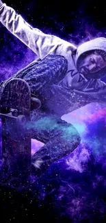 A skateboarder surrounded by vibrant purple cosmic energy.