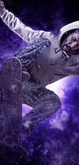 Skater performing a trick in a vibrant cosmic purple background.