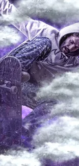 Skateboarder jumps in cosmic purple clouds.