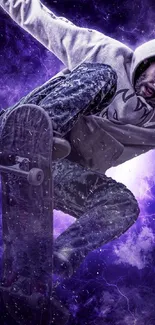 High-energy skateboarder in purple galaxy background.