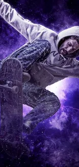 Skateboarder performing a jump amid a purple cosmic background.