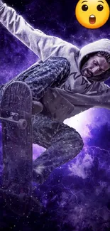 Skateboarder in a purple vortex with dynamic energy and style.