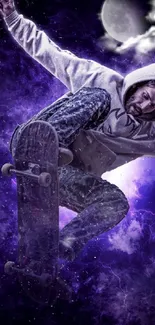 Skateboarder leaping against a purple, moonlit night sky.