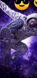 Skateboarder performing trick on purple cosmic background.