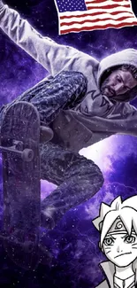 Skater in action with purple lightning and anime theme.