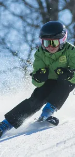 Dynamic skier racing down snowy slope with blue sky.