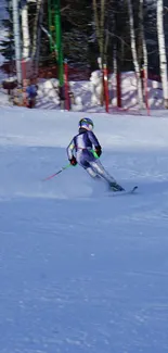 Skier gliding dynamically on a snowy slope.