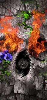 Dynamic skull with flames and vines on cracked charcoal background.