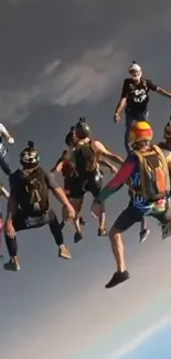 Group skydiving against a stunning sky.