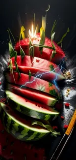 Dynamic watermelon art with electric effects on a dark background.