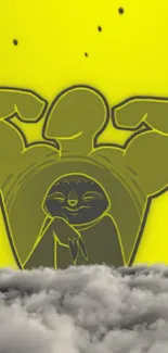 Cartoon sloth flexing in clouds with bright yellow background.