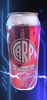 Red soda can with blue lightning on smartphone wallpaper background.