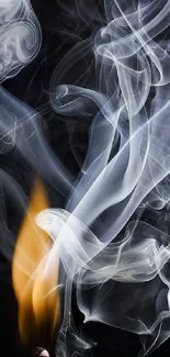 Dynamic swirling smoke and flame against black background.