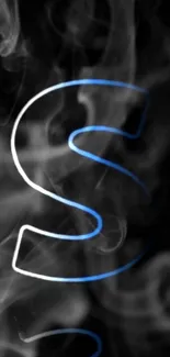 Stylish letter S with smoke and blue glow on a black background.