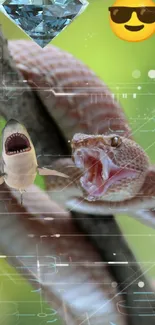 Dynamic wallpaper featuring snake and shark with digital and emoji elements.