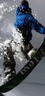 Snowboarder performing a dynamic action move in snowy mountains.