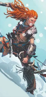 Fantasy warrior with red hair in snow.