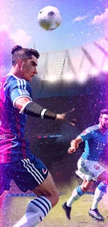 Dynamic soccer players in action with vibrant effects in a stadium setting.