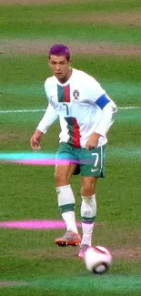 Soccer player in action on the field during a game, wearing a white and green uniform.