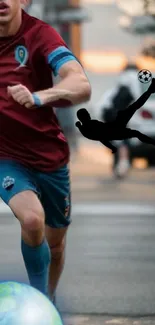 Soccer player running with silhouette kicking ball