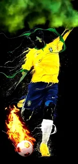 Dynamic soccer art wallpaper with vibrant colors and fiery soccer ball.