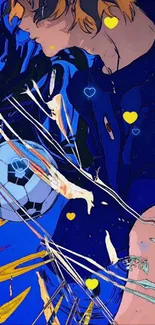 Illustrated soccer player in vibrant blue and orange tones.