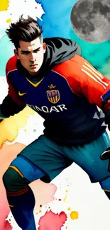 Vibrant soccer player in colorful action art.