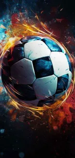 Dynamic soccer ball with flames and blue smoke, energetic sports design wallpaper.