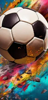 Vibrant explosion of a soccer ball with colorful motion effects.