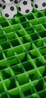Soccer balls bouncing over a vibrant green grid pattern.