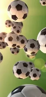 Floating soccer balls on a vibrant green background.