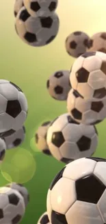 Soccer balls floating with a green gradient background.