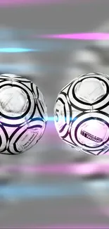 Soccer balls moving with pink and blue streaks, ideal for sports wallpaper.